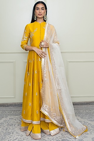 Glaze Mustard Pearl Embroidered Anarkali Set For Girls by Sheetal Batra - Kids