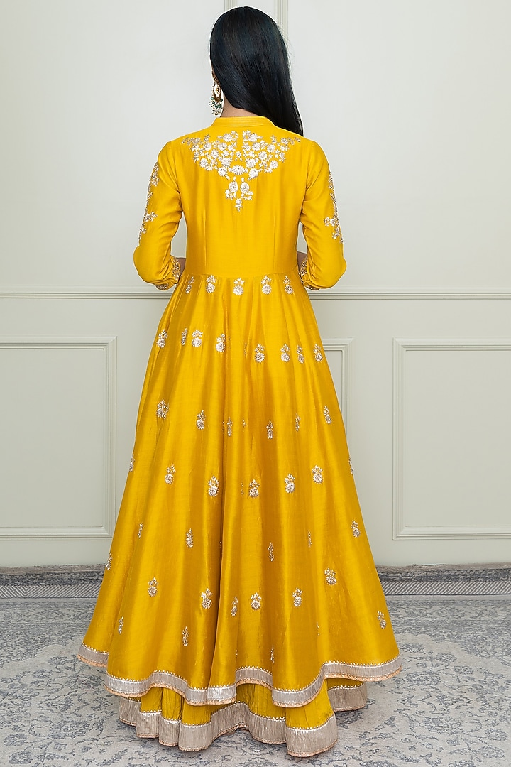 Glaze Mustard Pearl Embroidered Anarkali Set For Girls by Sheetal Batra - Kids at Pernia's Pop Up Shop