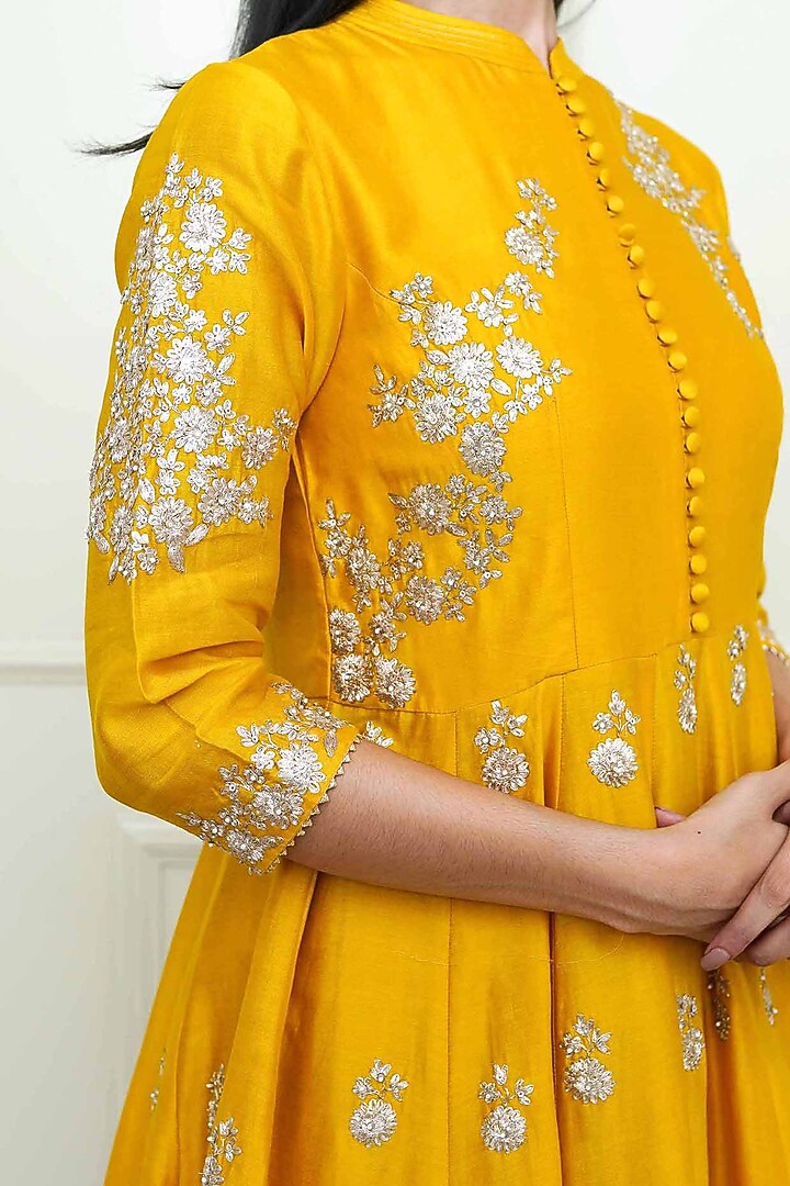 Glaze Mustard Pearl Embroidered Anarkali Set For Girls by Sheetal Batra - Kids at Pernia's Pop Up Shop