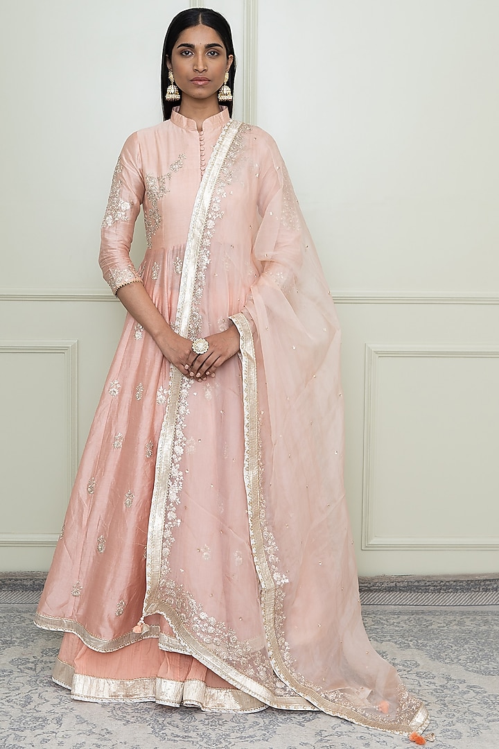 Pearl Pink Pearl Embroidered Anarkali Set For Girls by Sheetal Batra - Kids