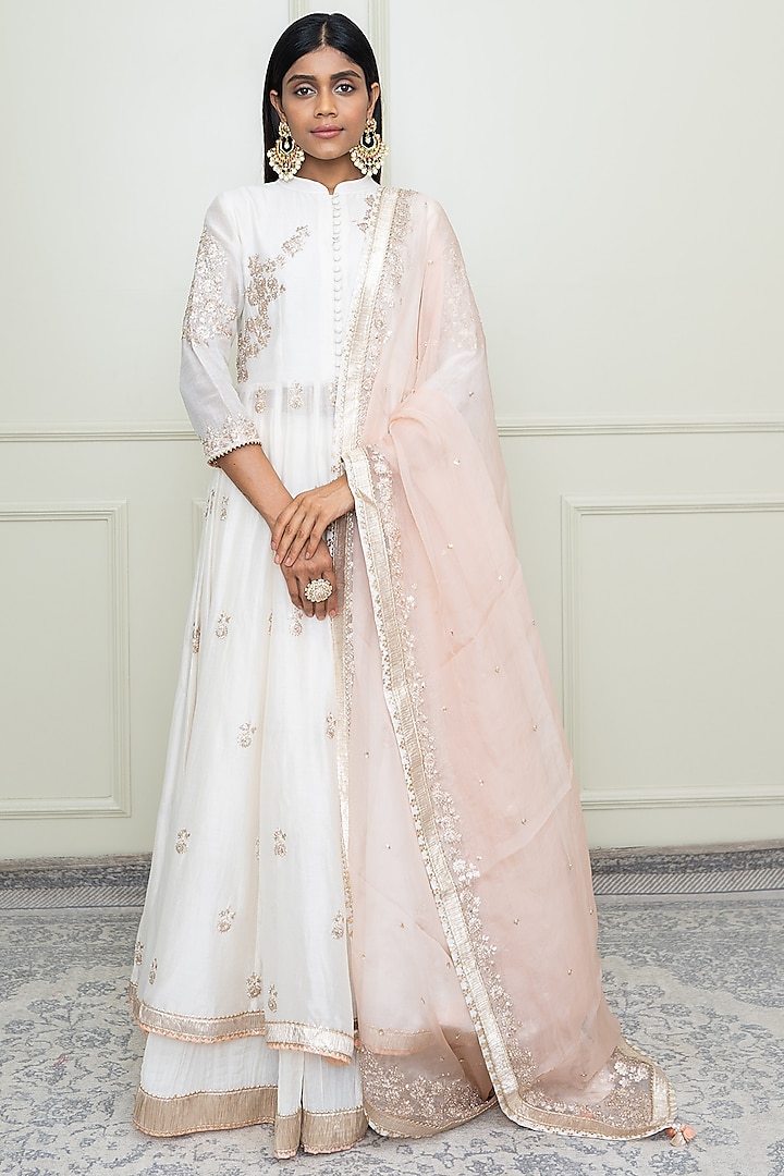 Daisy Ivory Pearl Embroidered Anarkali Set For Girls by Sheetal Batra - Kids