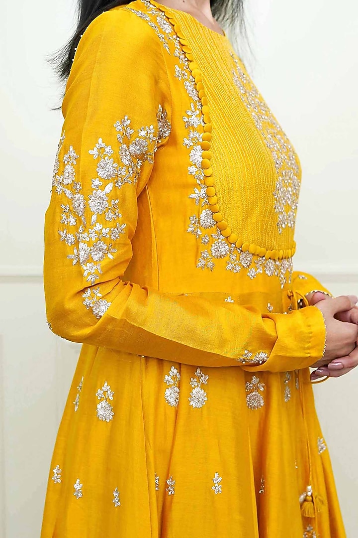Glaze Mustard Tilla Embroidered Anarkali Set For Girls by Sheetal Batra - Kids at Pernia's Pop Up Shop
