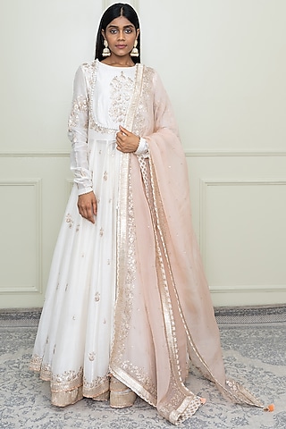 Daisy Ivory Tilla Embroidered Anarkali Set For Girls by Sheetal Batra - Kids