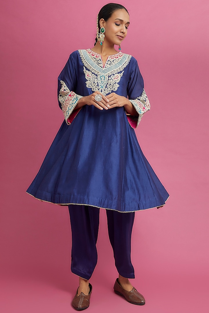 Blue Silk Chanderi Embroidered Choga Kurta Set For Girls by Sheetal Batra - Kids at Pernia's Pop Up Shop