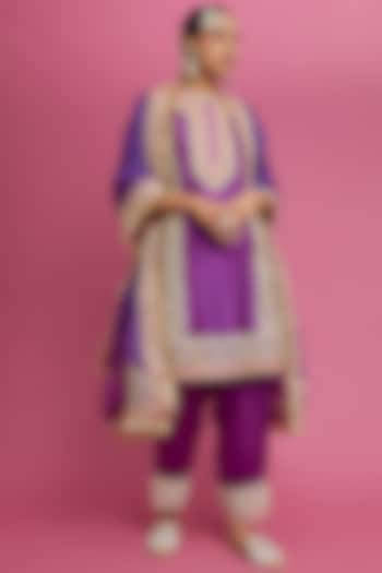 Purple Silk Chanderi Embroidered Kurta Set For Girls by Sheetal Batra - Kids at Pernia's Pop Up Shop