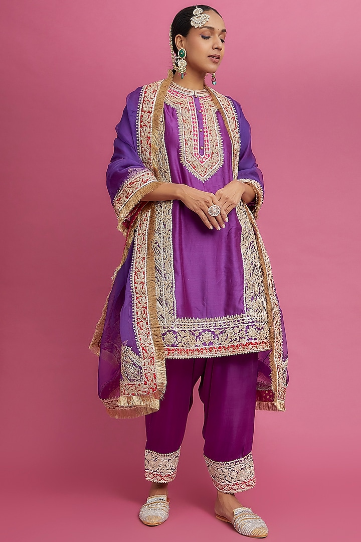 Purple Silk Chanderi Embroidered Kurta Set For Girls by Sheetal Batra - Kids at Pernia's Pop Up Shop