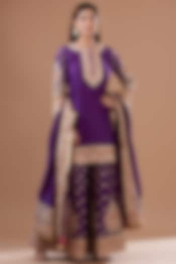 Purple Pure Silk Chanderi Embroidered Sharara Set For Girls by Sheetal Batra - Kids