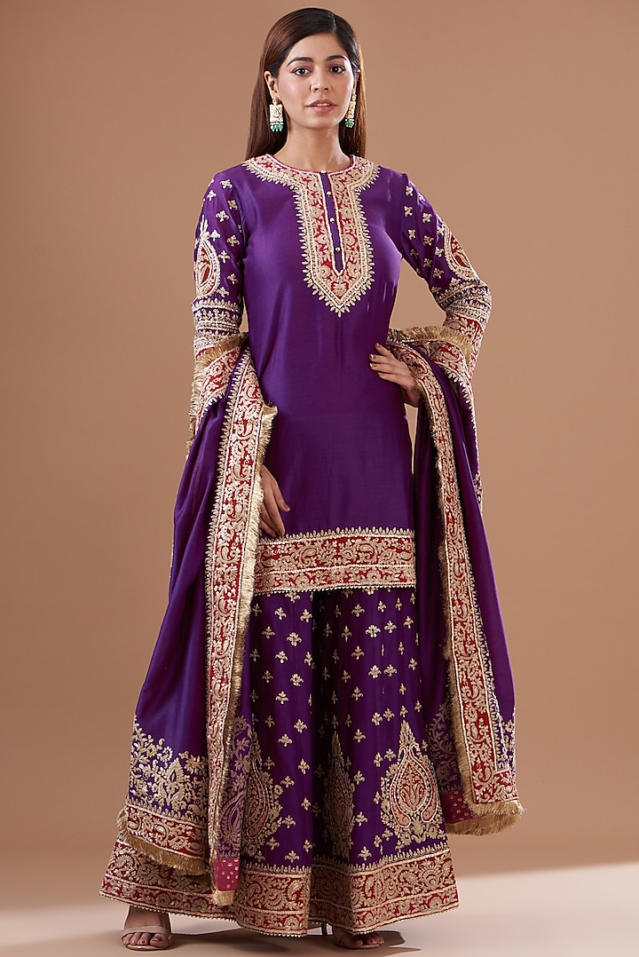 Purple Pure Silk Chanderi Embroidered Sharara Set For Girls by Sheetal Batra - Kids