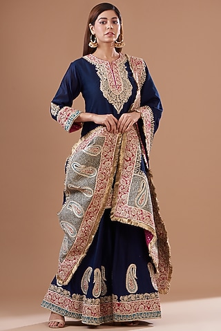 Blue Pure Silk Chanderi Embroidered Sharara Set For Girls by Sheetal Batra - Kids
