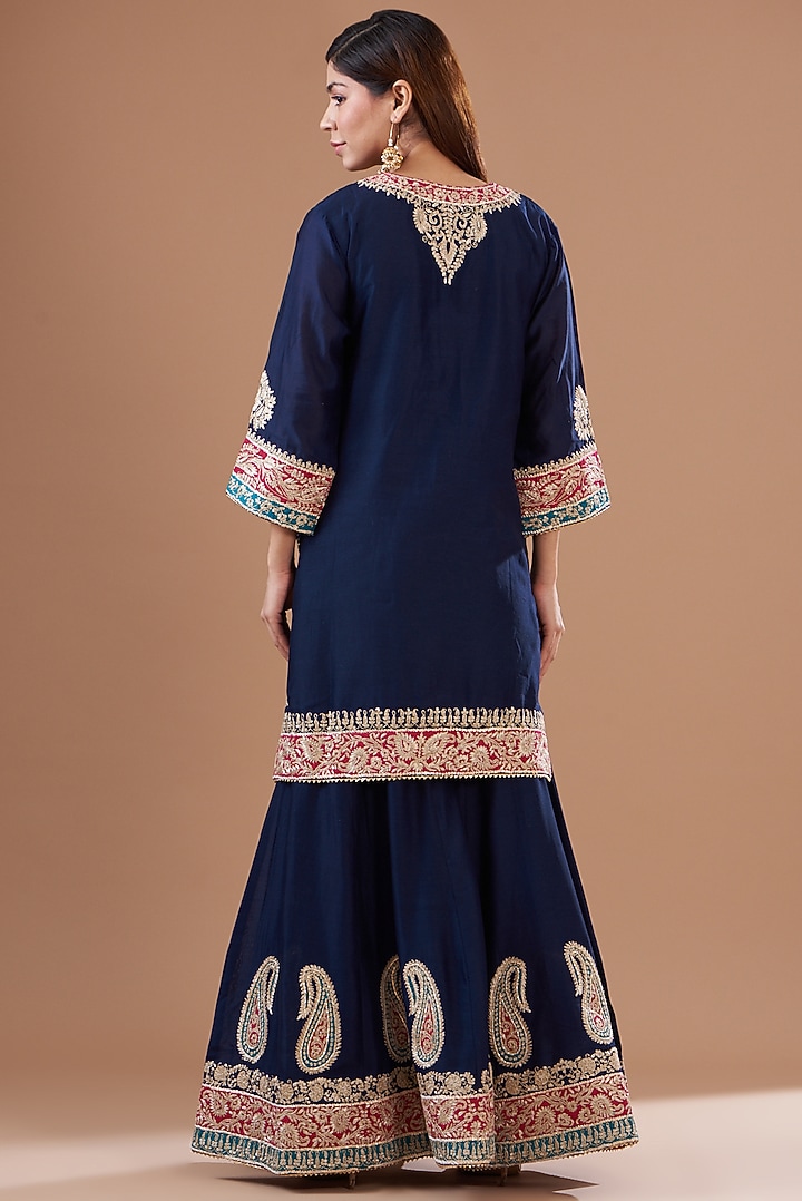 Blue Pure Silk Chanderi Embroidered Sharara Set For Girls by Sheetal Batra - Kids at Pernia's Pop Up Shop