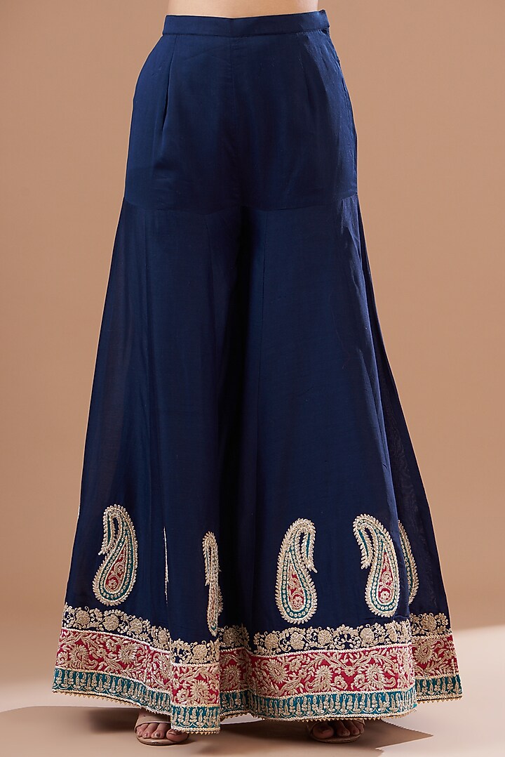 Blue Pure Silk Chanderi Embroidered Sharara Set For Girls by Sheetal Batra - Kids at Pernia's Pop Up Shop