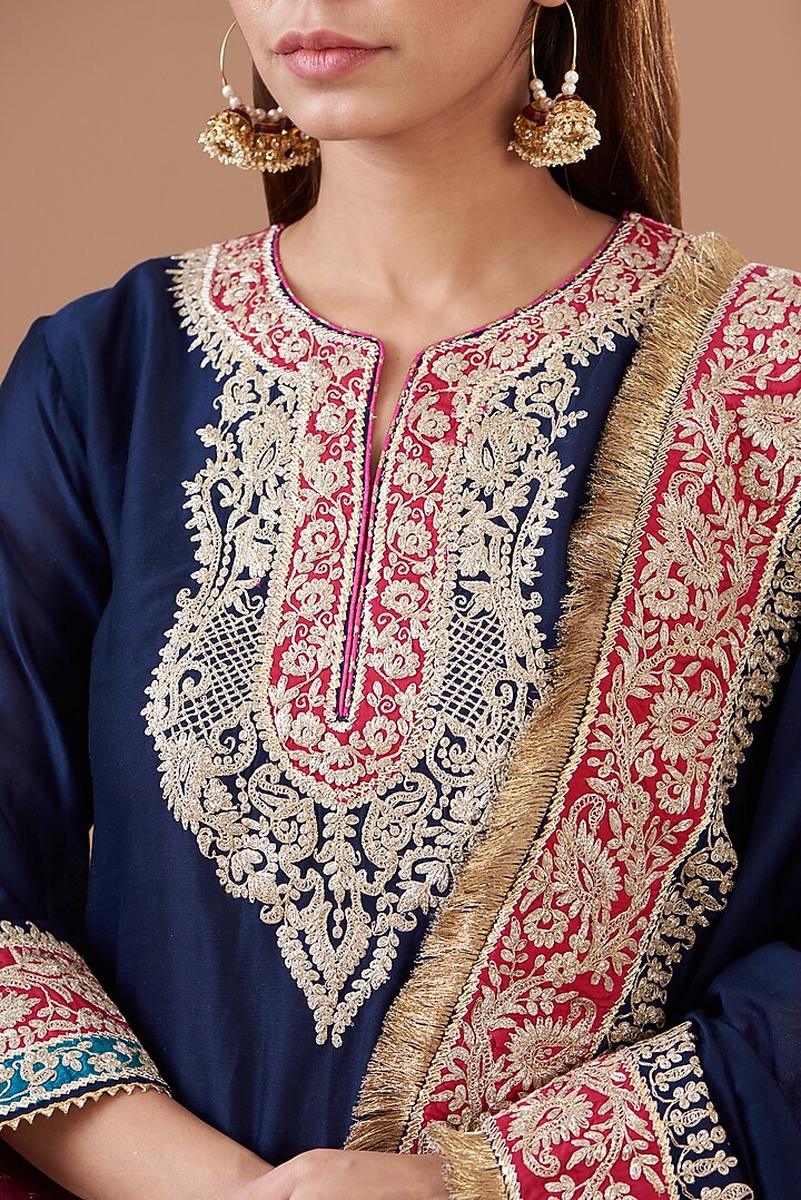 Blue Pure Silk Chanderi Embroidered Sharara Set For Girls by Sheetal Batra - Kids at Pernia's Pop Up Shop