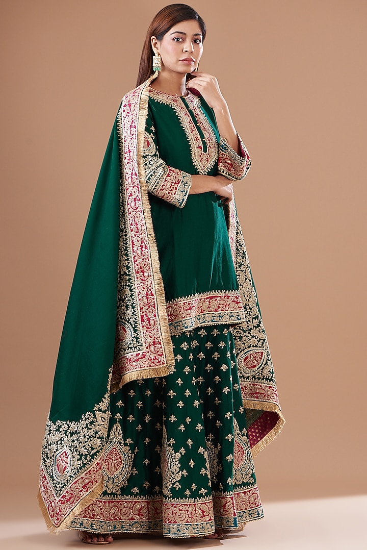 Green Pure Silk Chanderi Embroidered Sharara Set For Girls by Sheetal Batra - Kids
