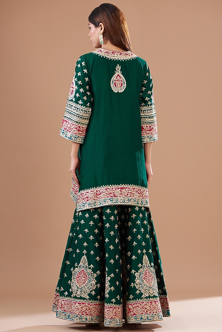 Green Pure Silk Chanderi Embroidered Sharara Set For Girls by Sheetal Batra - Kids at Pernia's Pop Up Shop