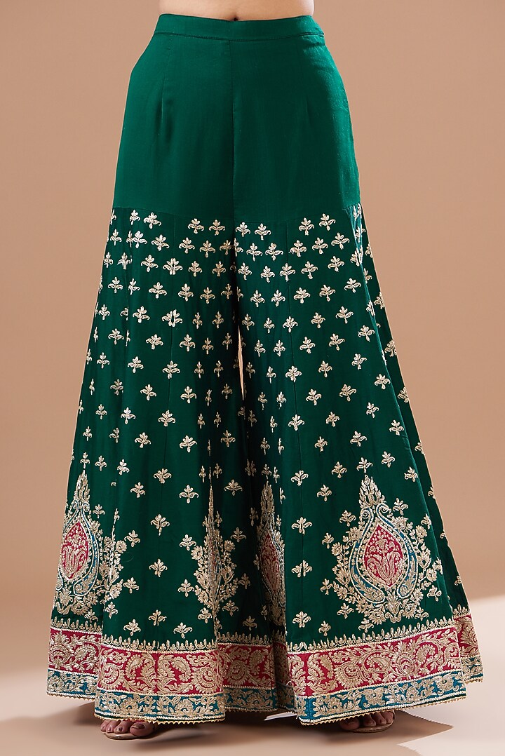 Green Pure Silk Chanderi Embroidered Sharara Set For Girls by Sheetal Batra - Kids at Pernia's Pop Up Shop