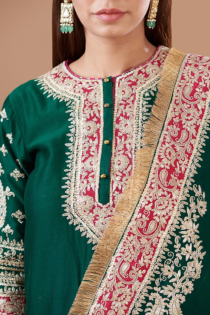 Green Pure Silk Chanderi Embroidered Sharara Set For Girls by Sheetal Batra - Kids at Pernia's Pop Up Shop