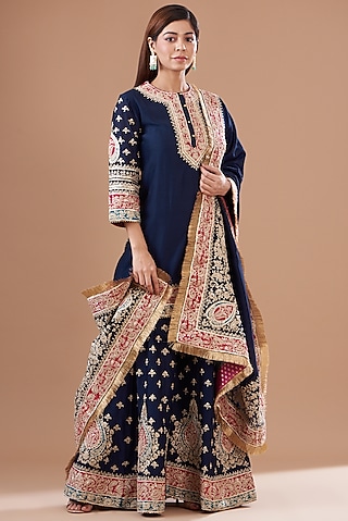 Blue Pure Silk Chanderi Embroidered Sharara Set For Girls by Sheetal Batra - Kids