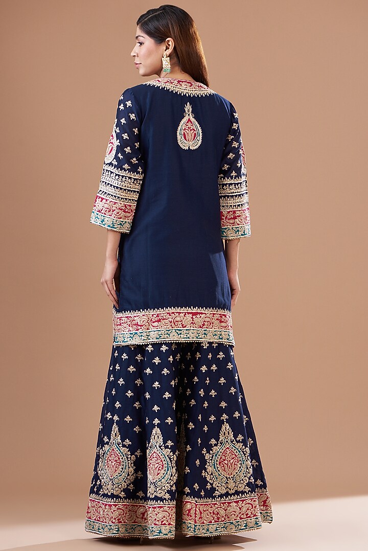 Blue Pure Silk Chanderi Embroidered Sharara Set For Girls by Sheetal Batra - Kids at Pernia's Pop Up Shop