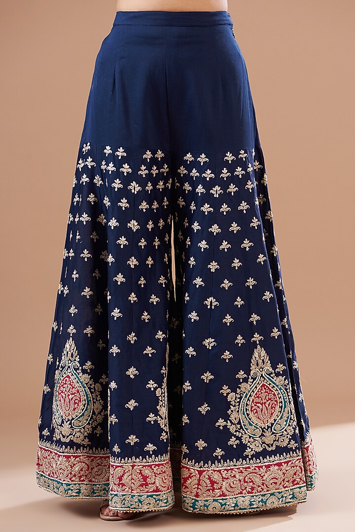 Blue Pure Silk Chanderi Embroidered Sharara Set For Girls by Sheetal Batra - Kids at Pernia's Pop Up Shop