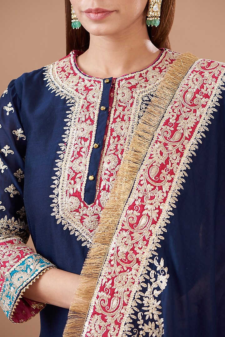 Blue Pure Silk Chanderi Embroidered Sharara Set For Girls by Sheetal Batra - Kids at Pernia's Pop Up Shop