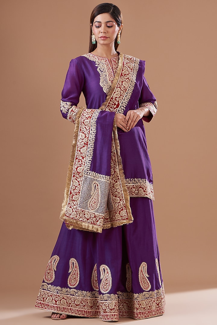 Purple Pure Silk Chanderi Embroidered Sharara Set For Girls by Sheetal Batra - Kids