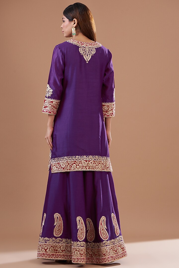 Purple Pure Silk Chanderi Embroidered Sharara Set For Girls by Sheetal Batra - Kids at Pernia's Pop Up Shop