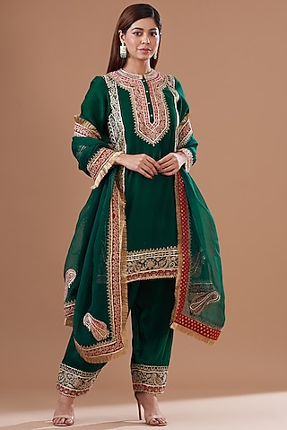 Green Pure Silk Chanderi Embroidered Kurta Set For Girls by Sheetal Batra - Kids