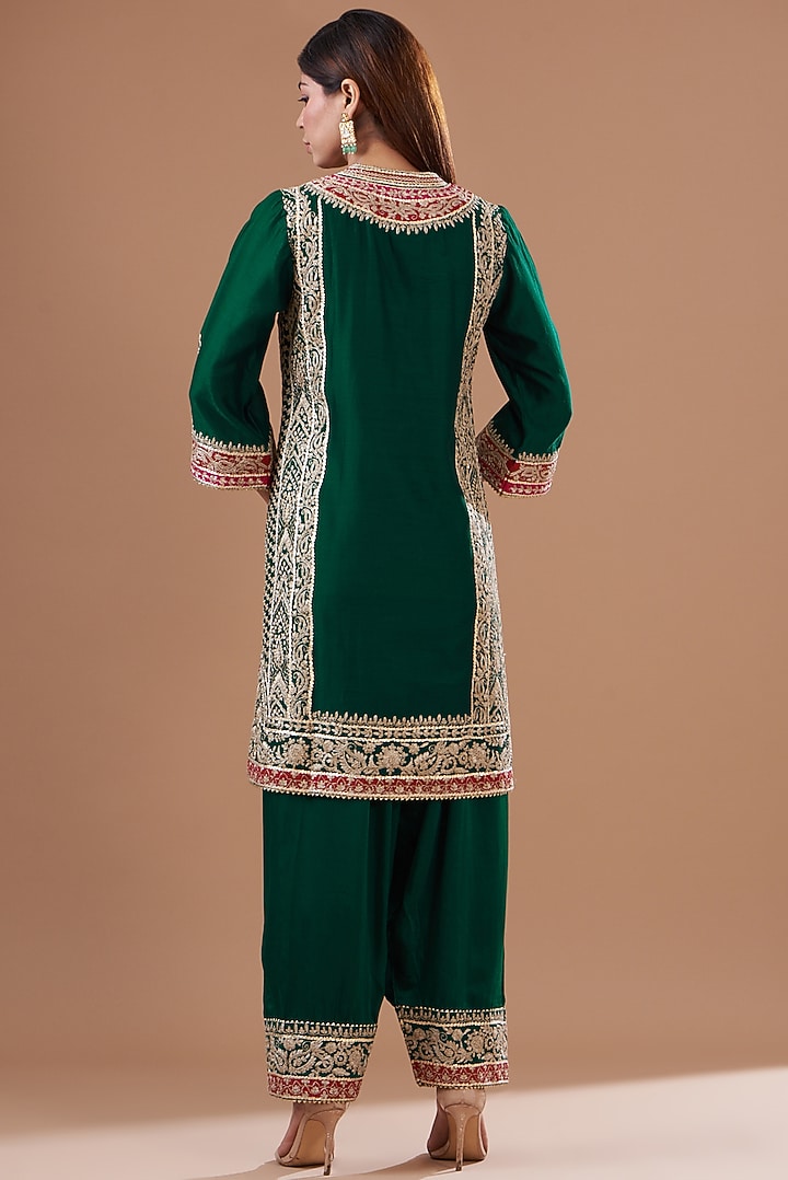 Green Pure Silk Chanderi Embroidered Kurta Set For Girls by Sheetal Batra - Kids at Pernia's Pop Up Shop