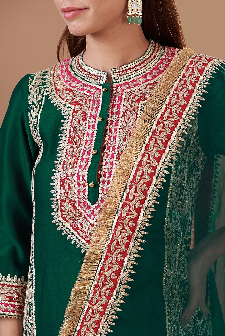 Green Pure Silk Chanderi Embroidered Kurta Set For Girls by Sheetal Batra - Kids at Pernia's Pop Up Shop