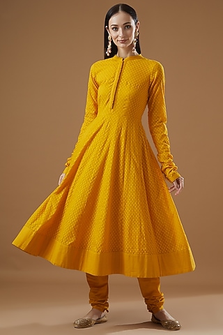 Mustard Brasso Anarkali Set For Girls by Sheetal Batra - Kids