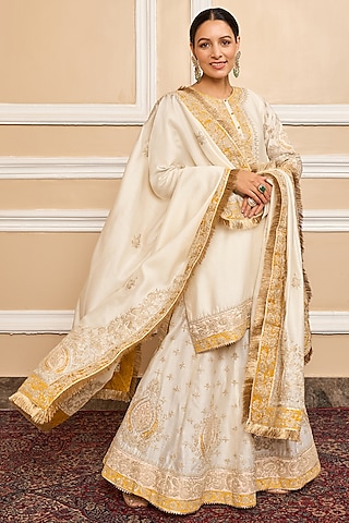 Ivory Silk Chanderi Embroidered Kurta Set For Girls by Sheetal Batra - Kids