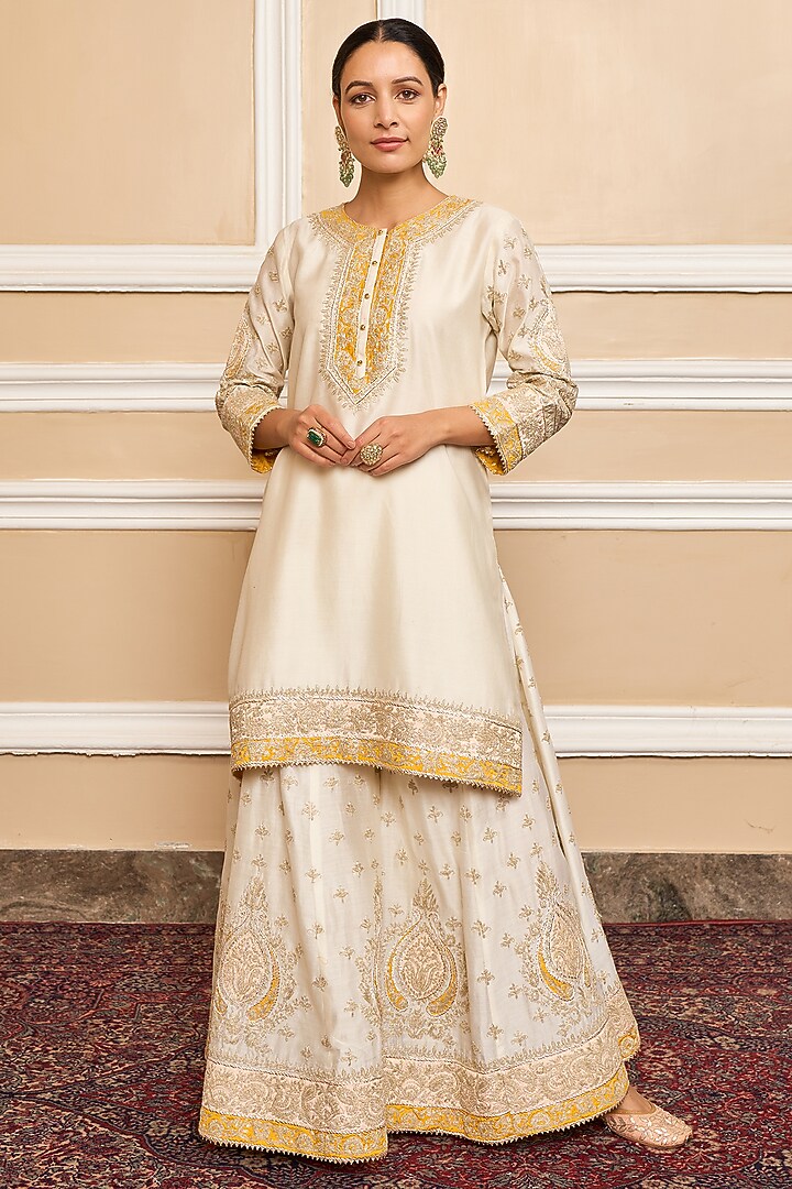 Ivory Silk Chanderi Embroidered Kurta Set For Girls by Sheetal Batra - Kids at Pernia's Pop Up Shop