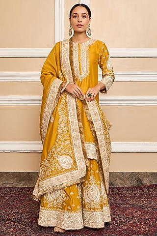 Mustard Silk Chanderi Embroidered Kurta Set For Girls by Sheetal Batra - Kids