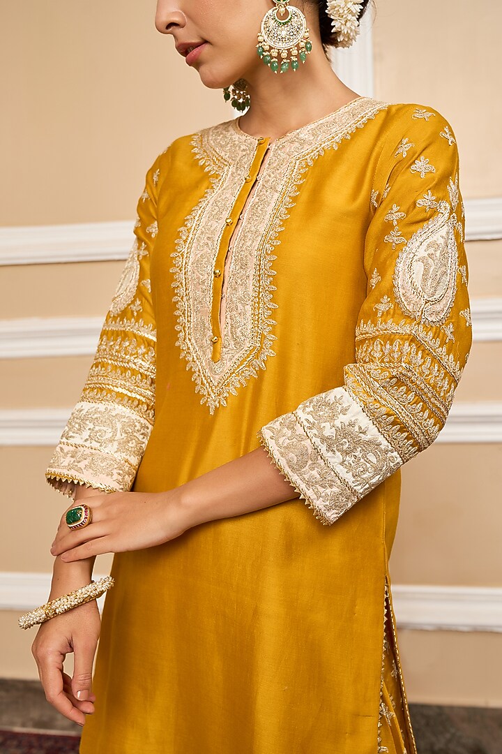 Mustard Silk Chanderi Embroidered Kurta Set For Girls by Sheetal Batra - Kids at Pernia's Pop Up Shop