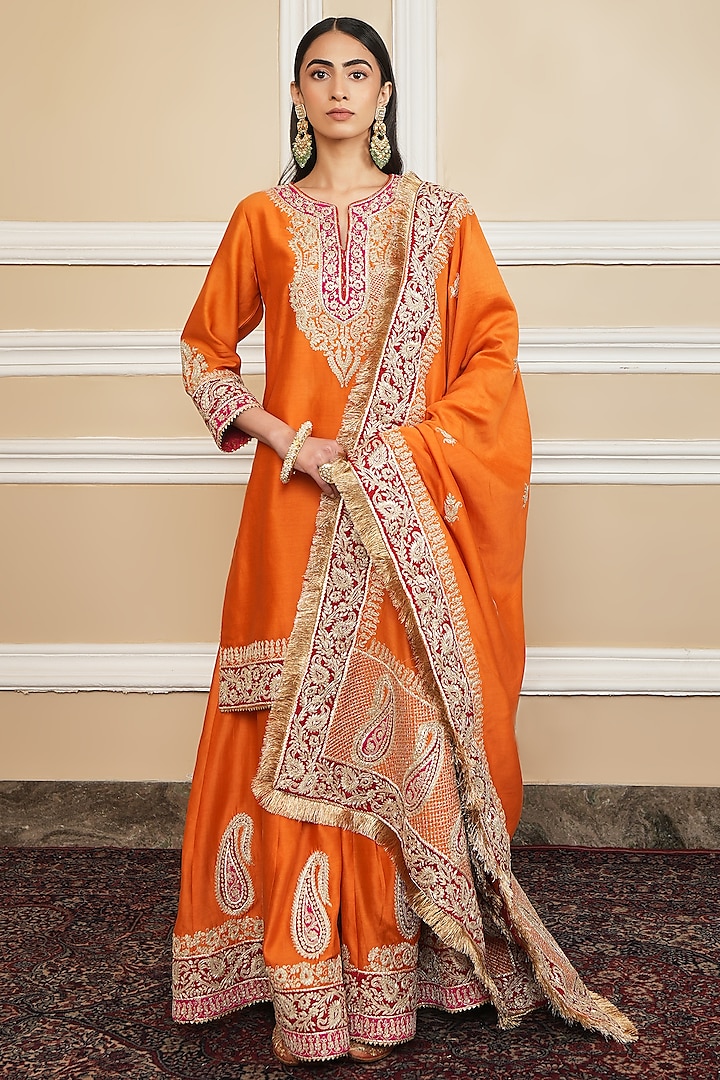 Orange Silk Chanderi Embroidered Kurta Set For Girls by Sheetal Batra - Kids at Pernia's Pop Up Shop