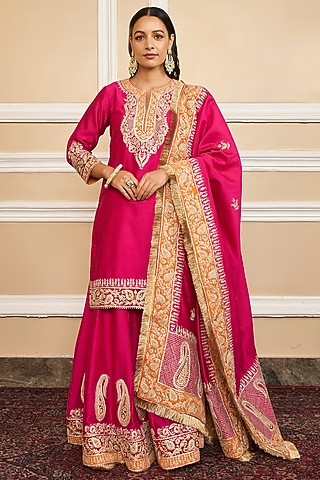 Hot Pink Silk Chanderi Embroidered Kurta Set For Girls by Sheetal Batra - Kids