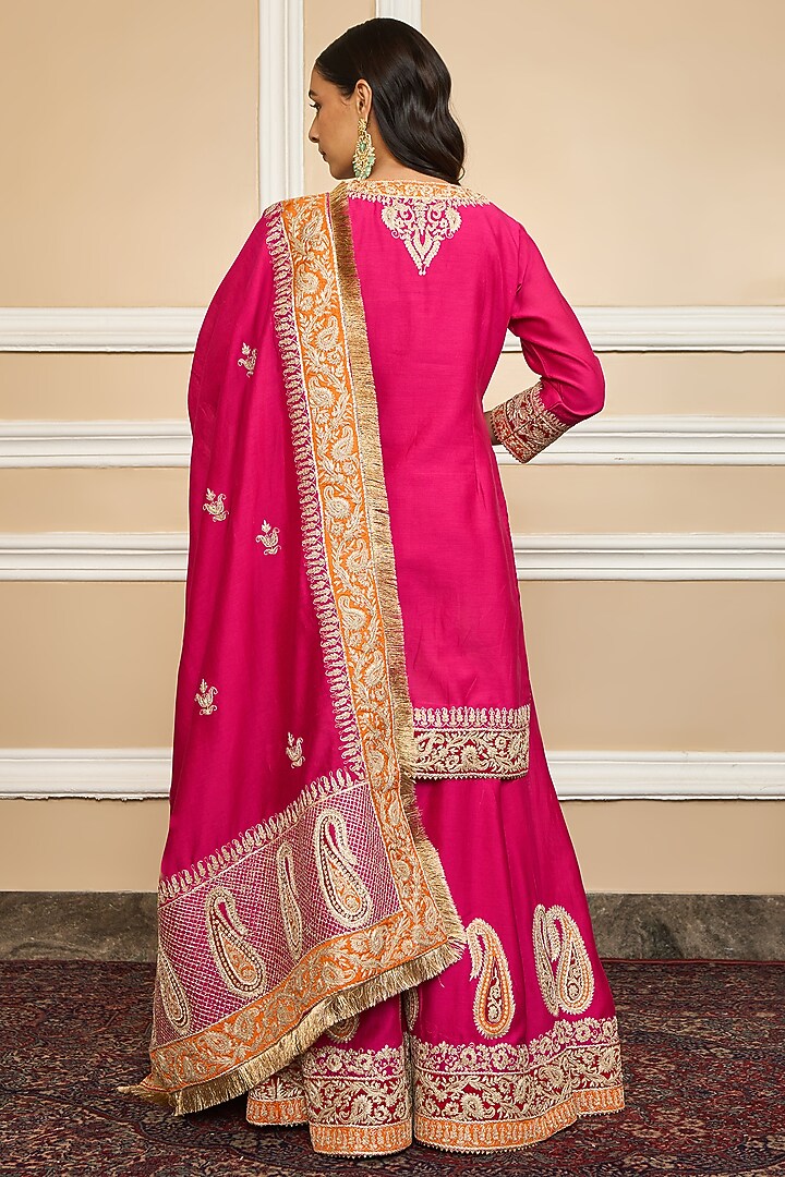 Hot Pink Silk Chanderi Embroidered Kurta Set For Girls by Sheetal Batra - Kids at Pernia's Pop Up Shop