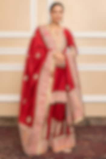 Deep Red Silk Chanderi Embroidered Kurta Set For Girls by Sheetal Batra - Kids