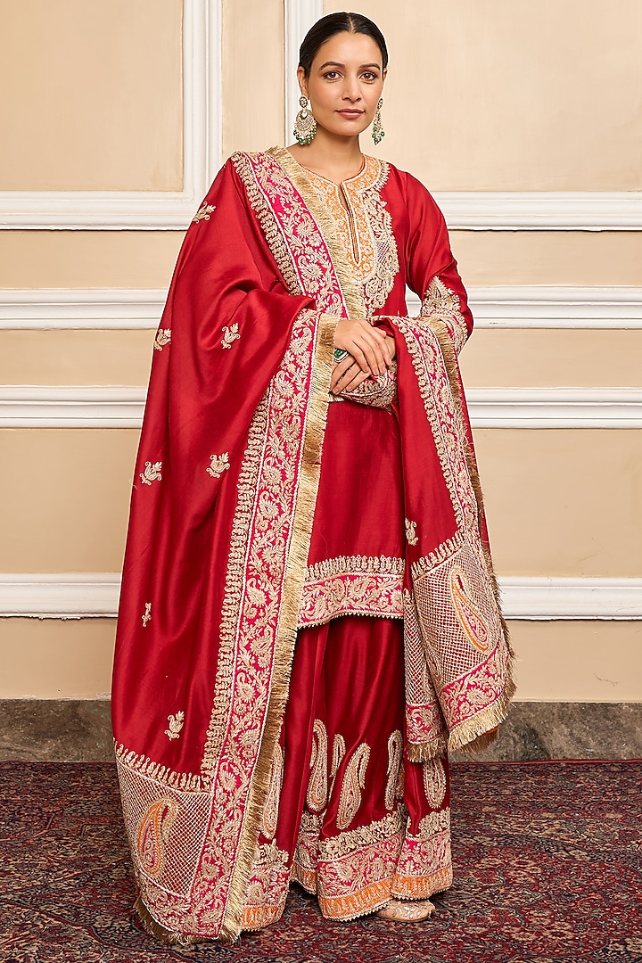 Deep Red Silk Chanderi Embroidered Kurta Set For Girls by Sheetal Batra - Kids