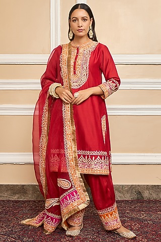 Deep Red Silk Chanderi Embroidered Kurta Set For Girls by Sheetal Batra - Kids