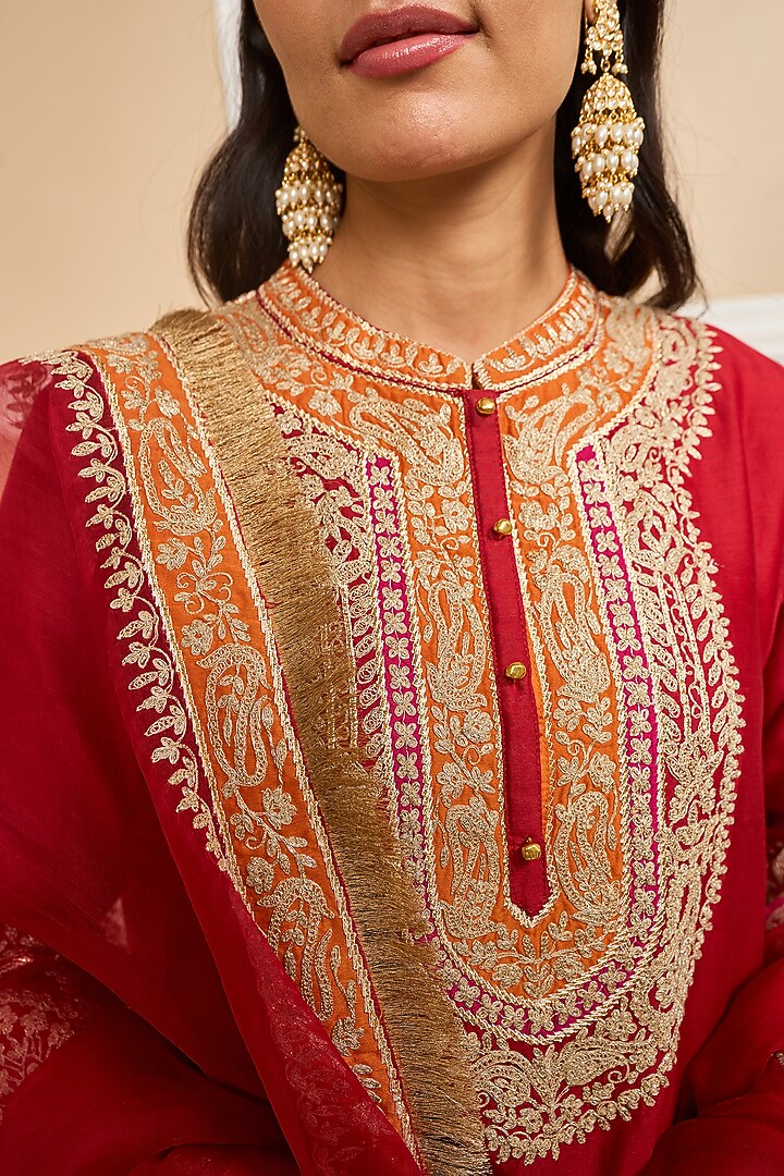 Deep Red Silk Chanderi Embroidered Kurta Set For Girls by Sheetal Batra - Kids at Pernia's Pop Up Shop