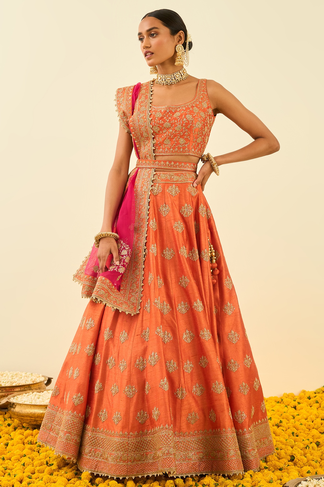 Affordable Light Orange Lehenga with Woven Zari LLCV110242