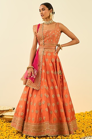 Pumpkin Orange Embroidered Lehenga Set For Girls by Sheetal Batra - Kids