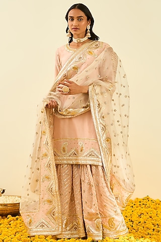 Rose Pink Embroidered Gharara Set For Girls by Sheetal Batra - Kids