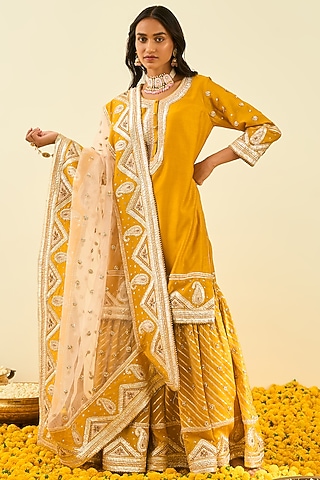 Glaze Mustard Embroidered Gharara Set For Girls by Sheetal Batra - Kids