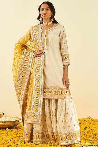 Daisy Ivory Embroidered Gharara Set For Girls by Sheetal Batra - Kids