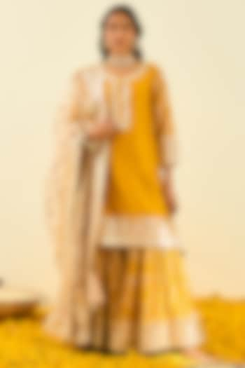 Glaze Mustard Embroidered Gharara Set For Girls by Sheetal Batra - Kids at Pernia's Pop Up Shop