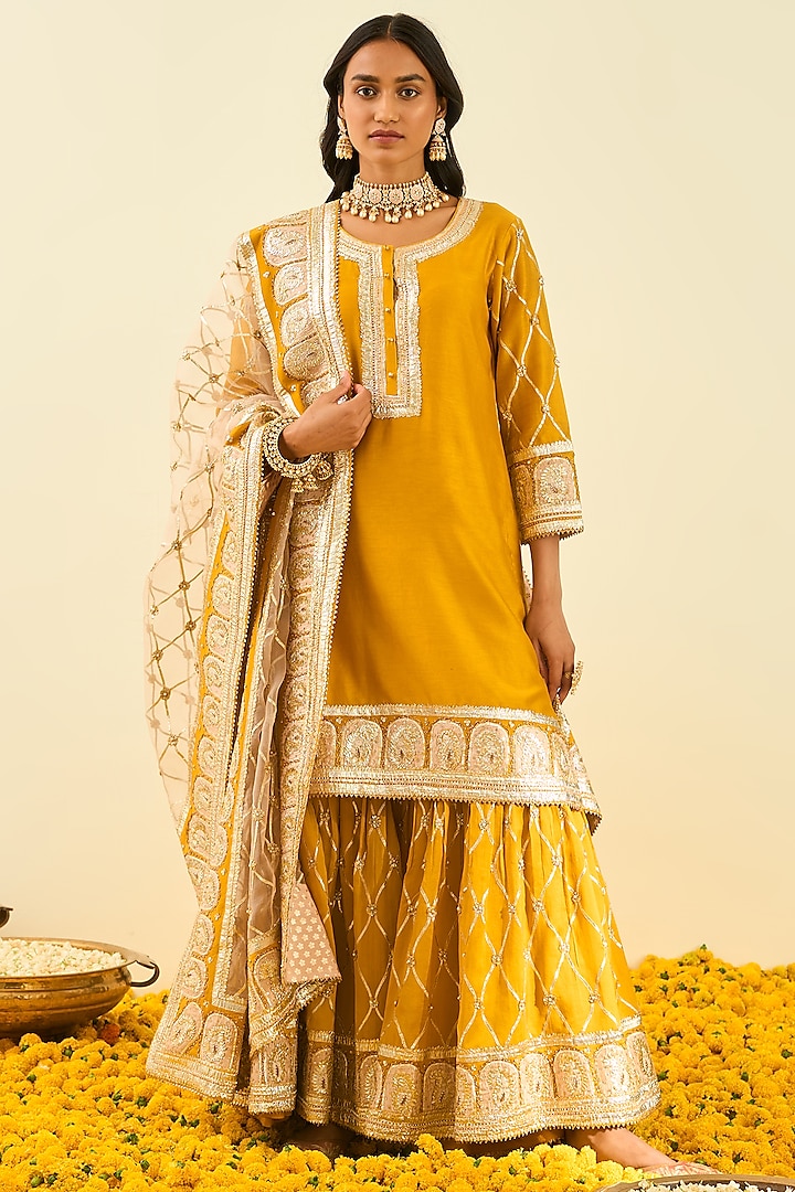 Glaze Mustard Embroidered Gharara Set For Girls by Sheetal Batra - Kids at Pernia's Pop Up Shop