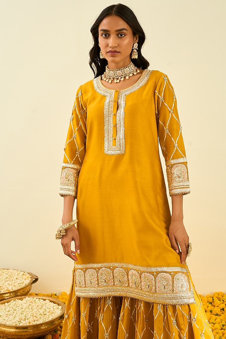 Glaze Mustard Embroidered Gharara Set For Girls by Sheetal Batra - Kids at Pernia's Pop Up Shop