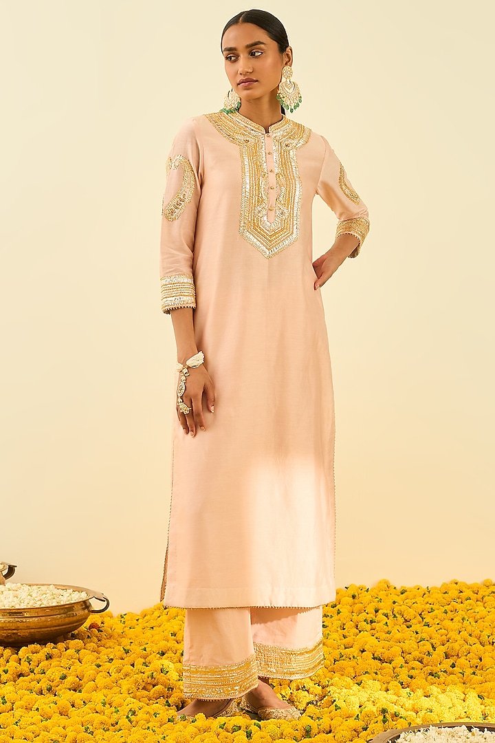 Rose Pink Gota Patti Embroidered Kurta Set For Girls by Sheetal Batra - Kids at Pernia's Pop Up Shop